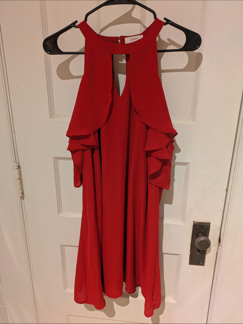 Candie's Red Cold-Shoulder Ruffle Mini Dress